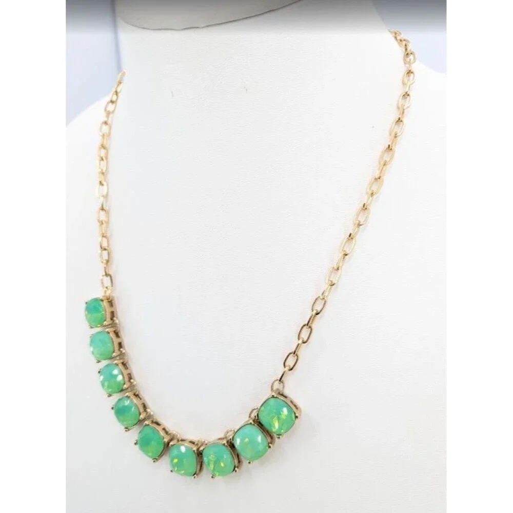 Express Aqua Opalescent Statement Necklace Gold Tone Green Faceted 9 Stone Bib
